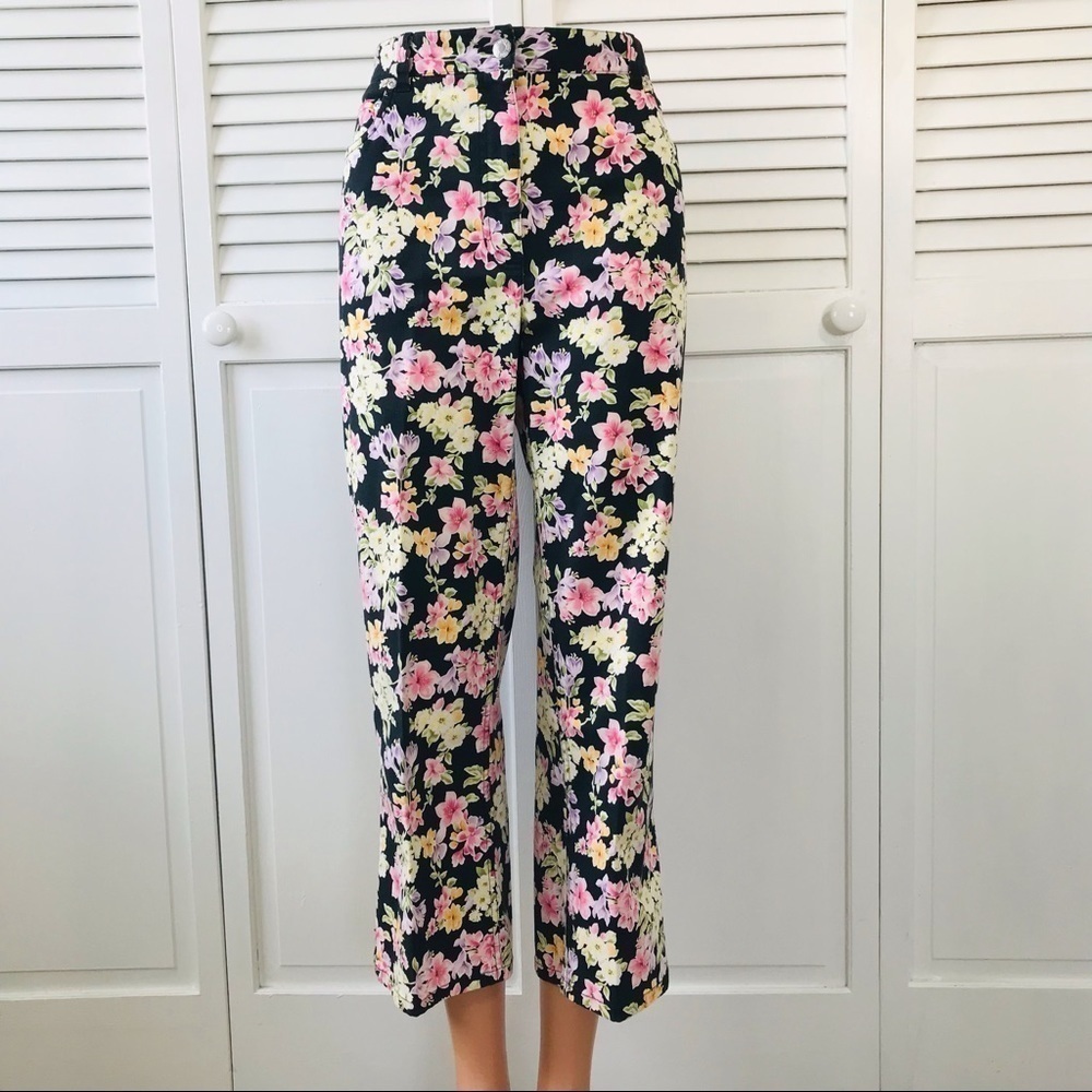 JONES NEW YORK SPORT Black Floral Cropped Stretch Pants Size 12